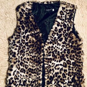 1960s-Style Leopard Print Faux Fur Long Vest (Unisex)
